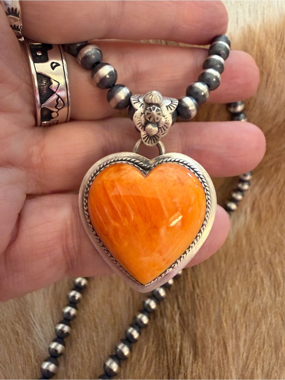 ❤️ Navajo Made Spiny Oyster Statement Puffy Heart Sterling Silver Pendant 16.4G - Picture 7 of 17